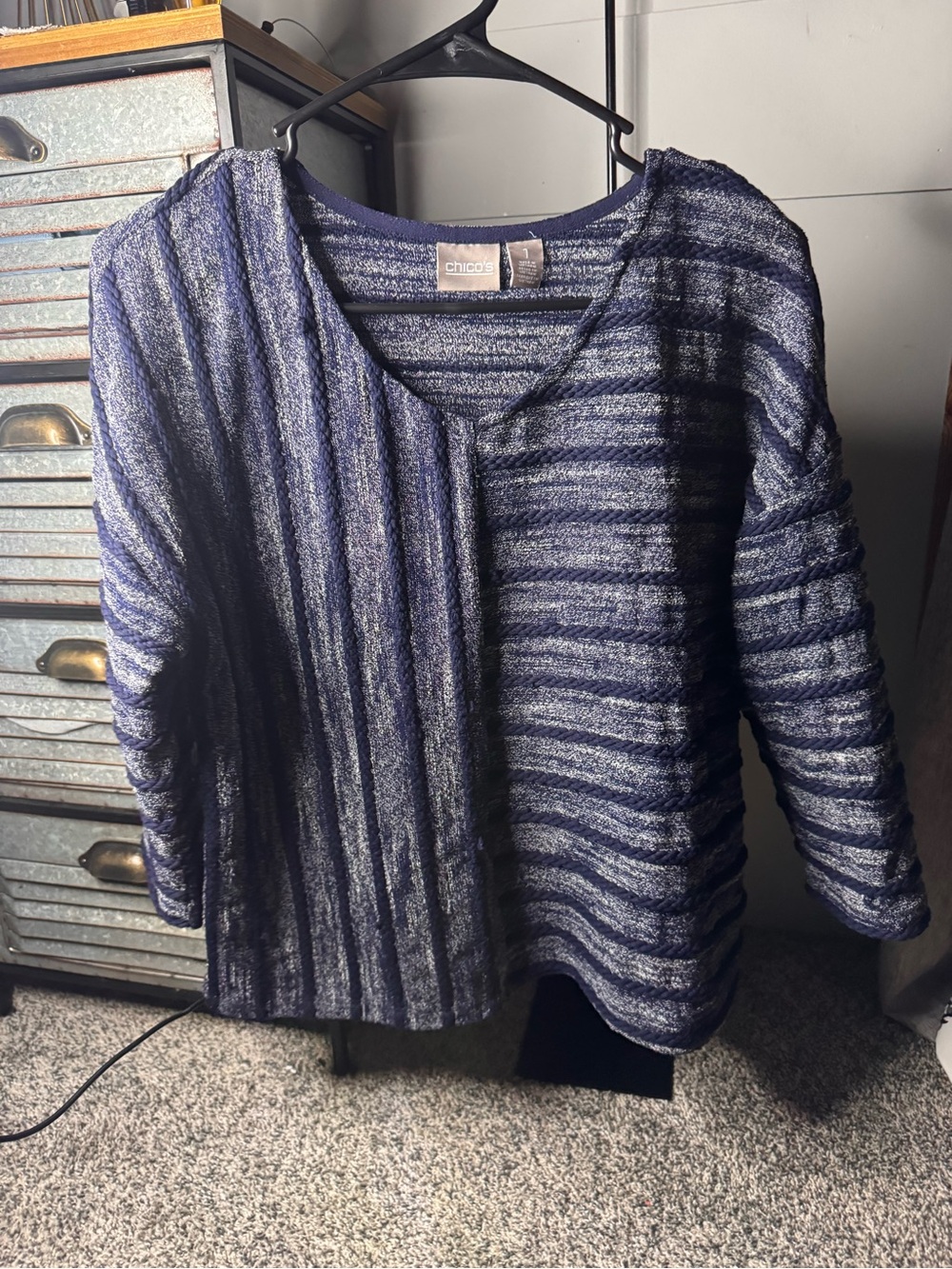 Chico's Navy and Gray Striped Open-Front Knit Cardigan